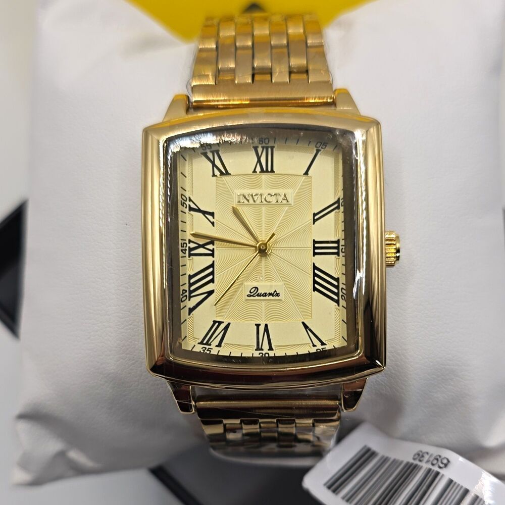 Invicta Men's Quartz Gold Tone Rectangle Watch, Roman Numerals, 32mm